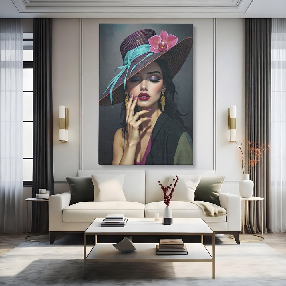 Tablou canvas cu tablou canvas cu portret de femeie cu palarie si orhidee, fara rama, pe sasiu de lemn, pe perete intr-un living